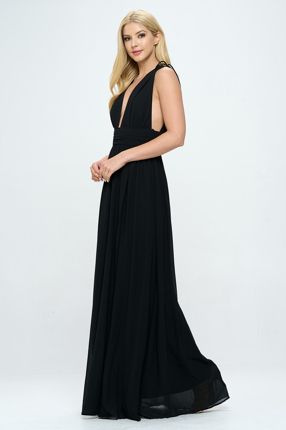 PLUNGING NECKLINE LACE UP SHOULDER SLIT MAXI DRESS