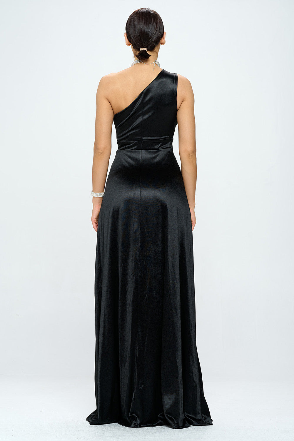 ONE SHOULDER FLOOR LENGTH SATIN MAXI DRESS