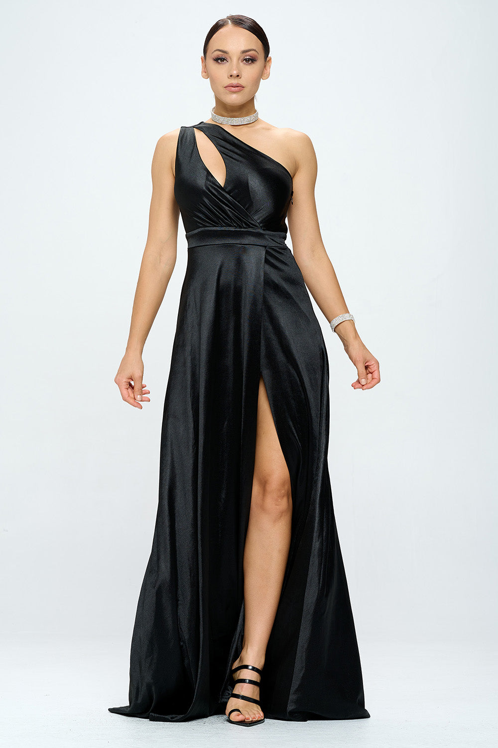 ONE SHOULDER FLOOR LENGTH SATIN MAXI DRESS