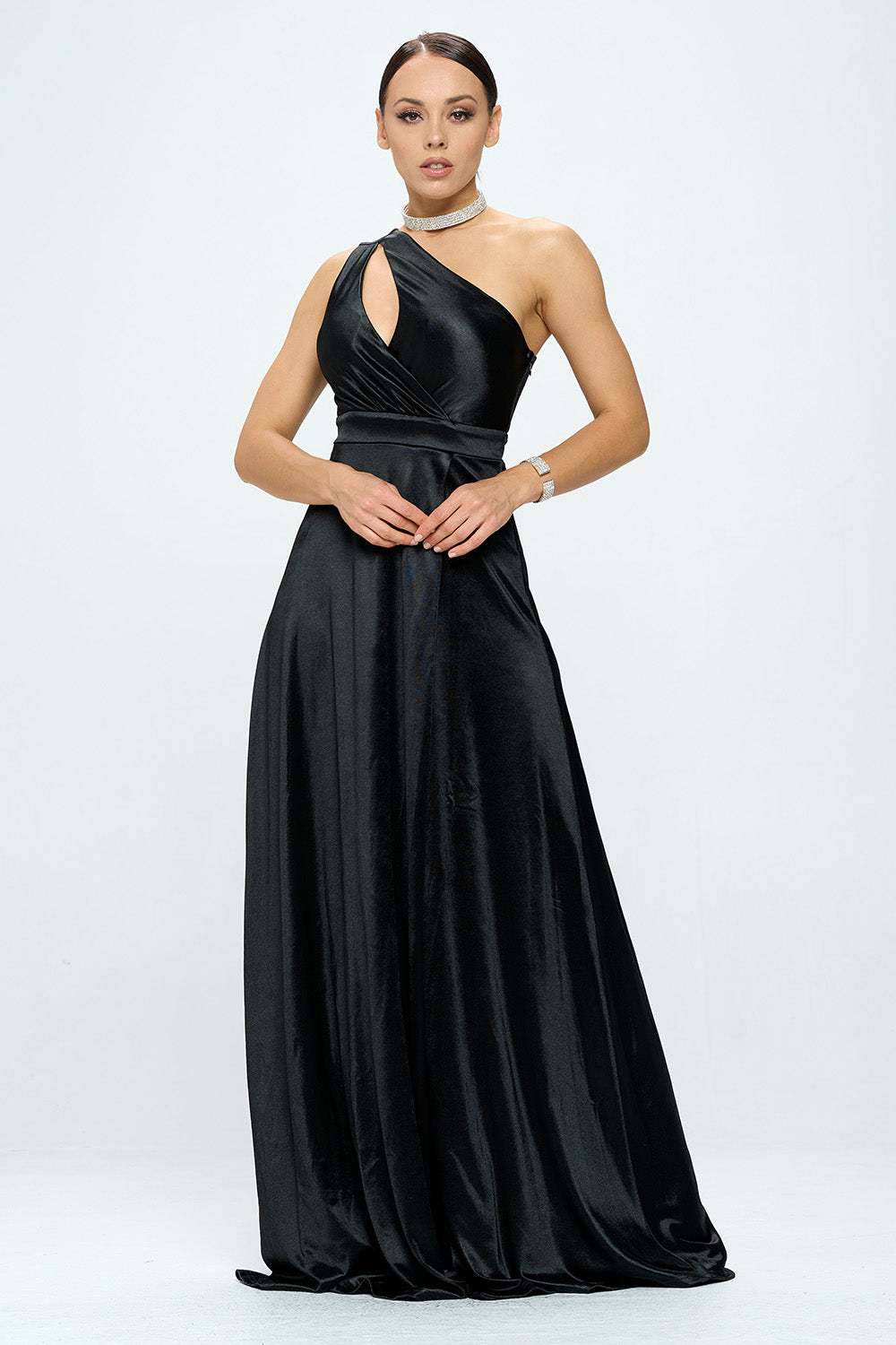 ONE SHOULDER FLOOR LENGTH SATIN MAXI DRESS