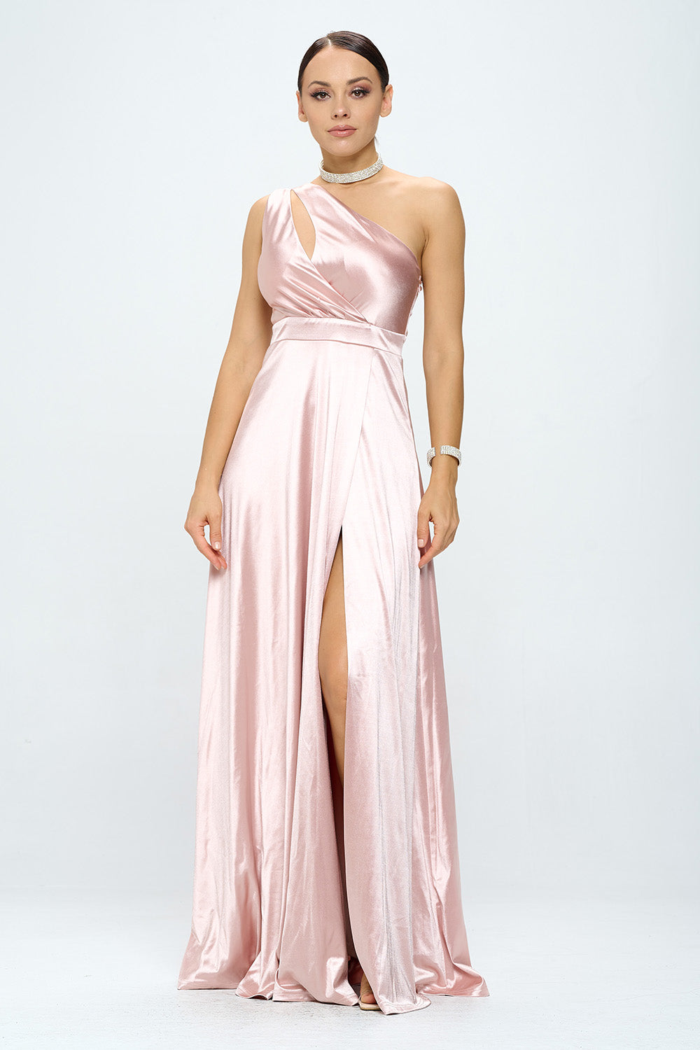 ONE SHOULDER FLOOR LENGTH SATIN MAXI DRESS