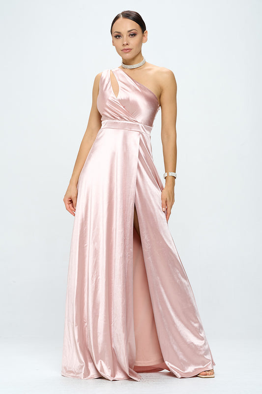 ONE SHOULDER FLOOR LENGTH SATIN MAXI DRESS