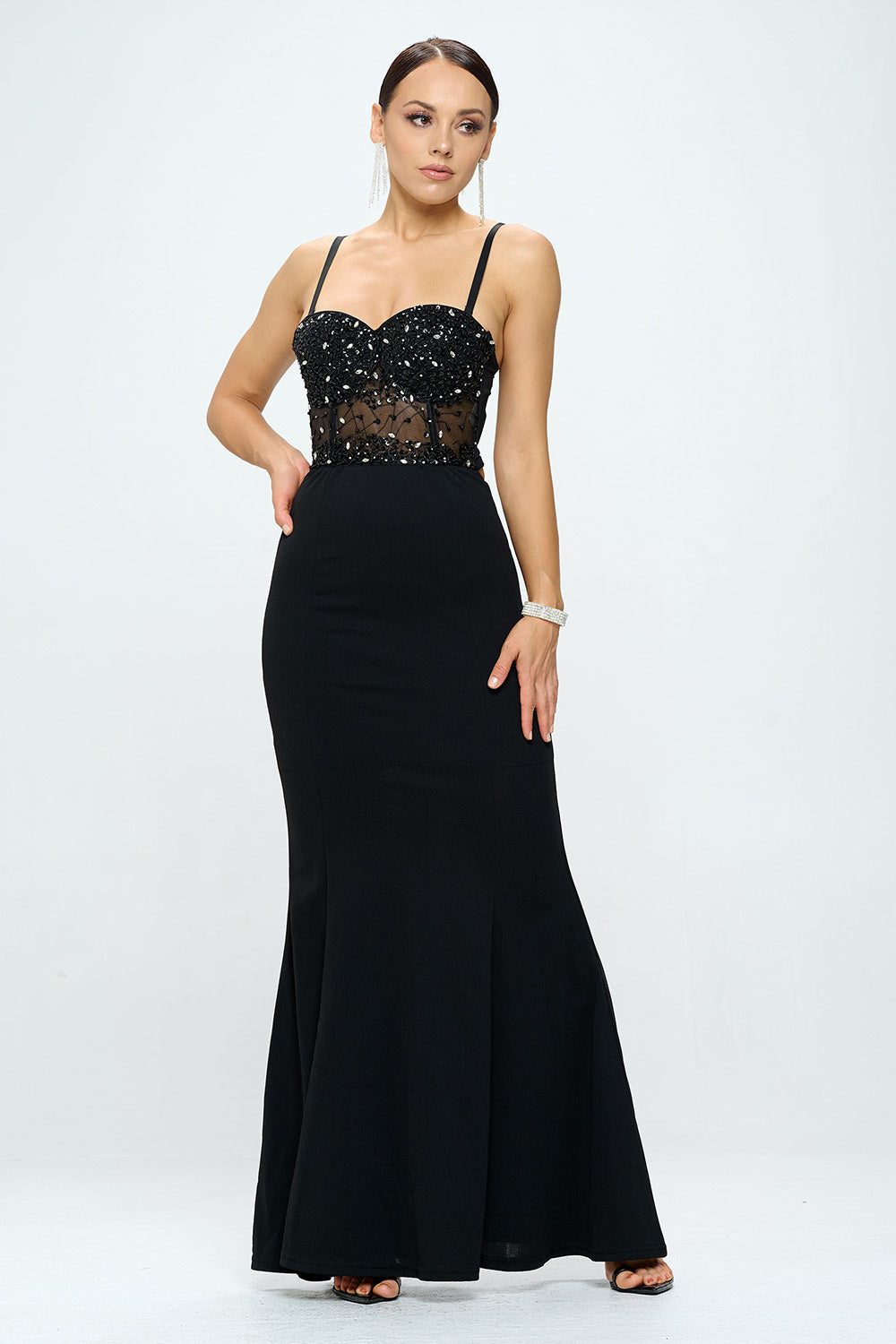 RHINESTONE SEQUINED BUSTIER MERMAID MAXI DRESS