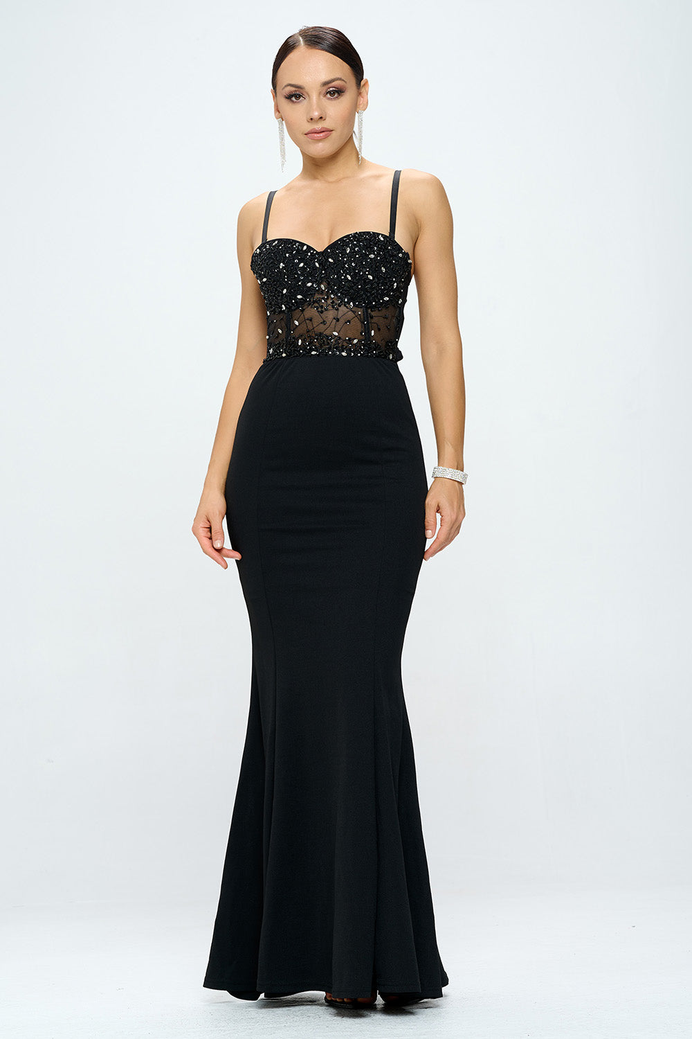 RHINESTONE SEQUINED BUSTIER MERMAID MAXI DRESS