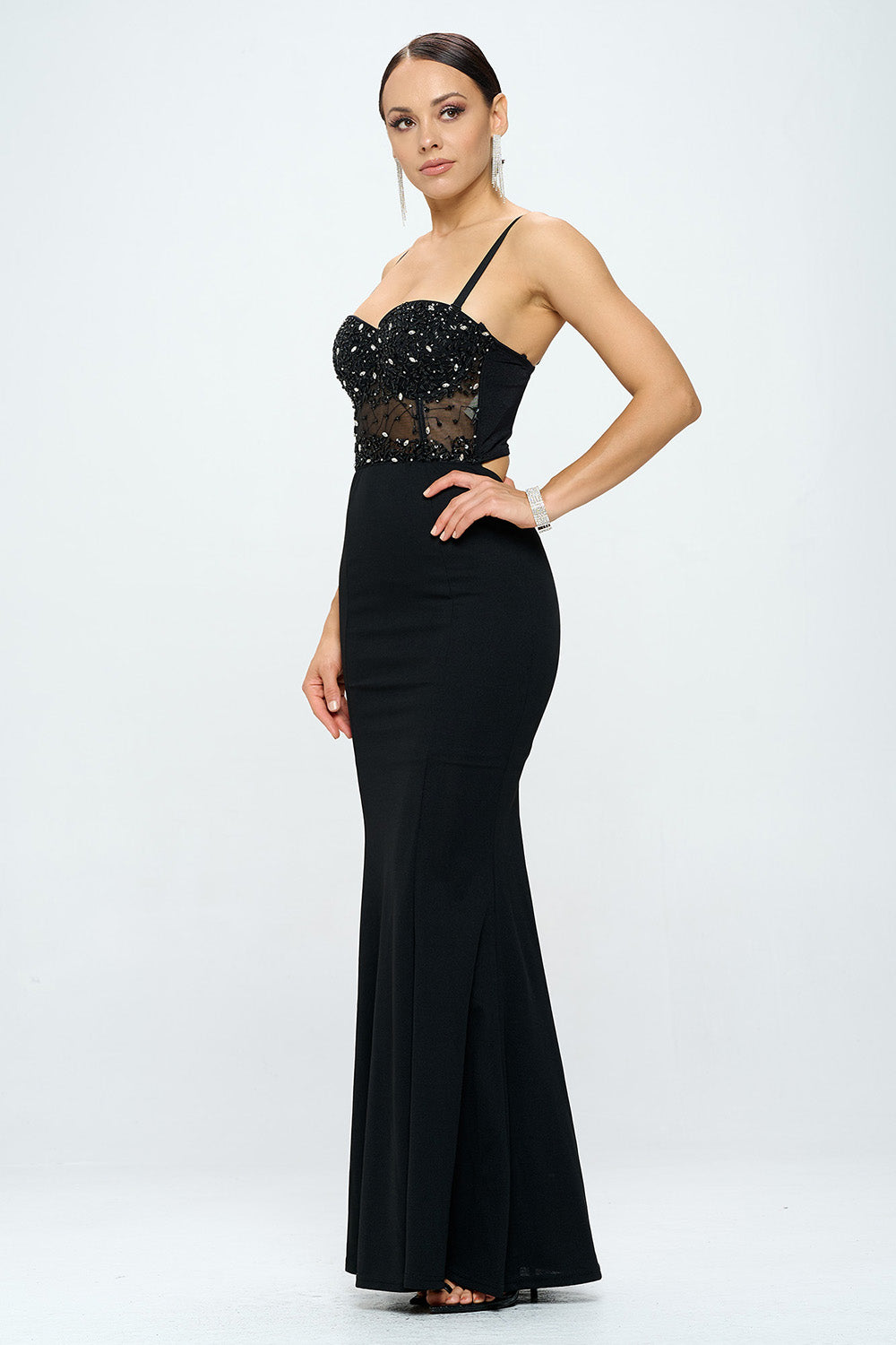 RHINESTONE SEQUINED BUSTIER MERMAID MAXI DRESS