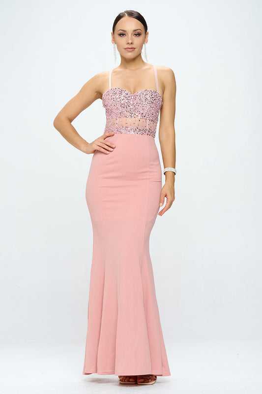 RHINESTONE SEQUINED BUSTIER MERMAID MAXI DRESS