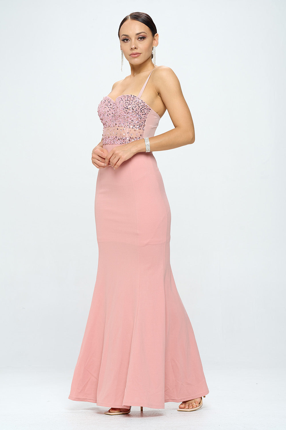 RHINESTONE SEQUINED BUSTIER MERMAID MAXI DRESS