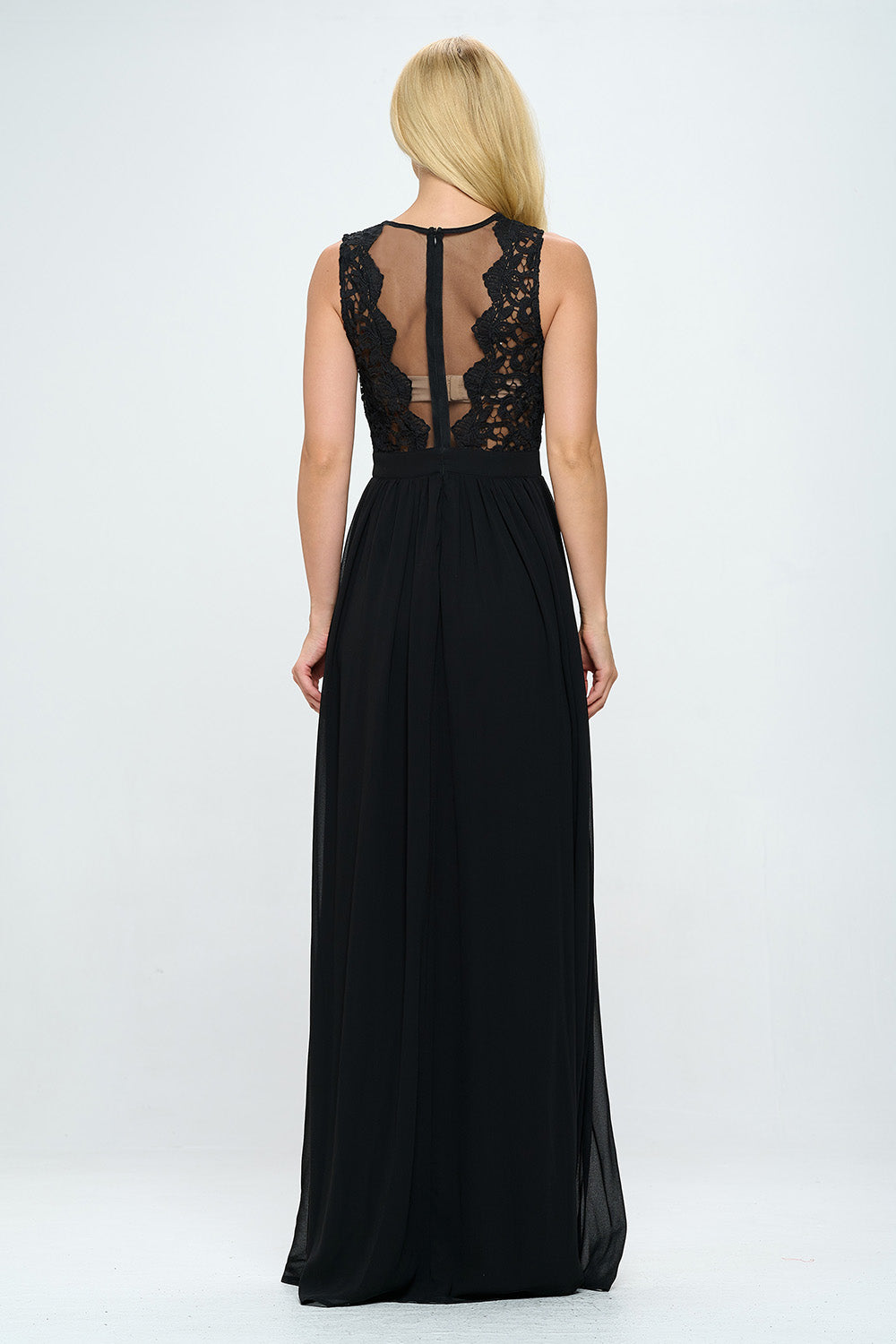 EMBROIDERED LACE FLOOR LENGTH SHEER MAXI DRESS