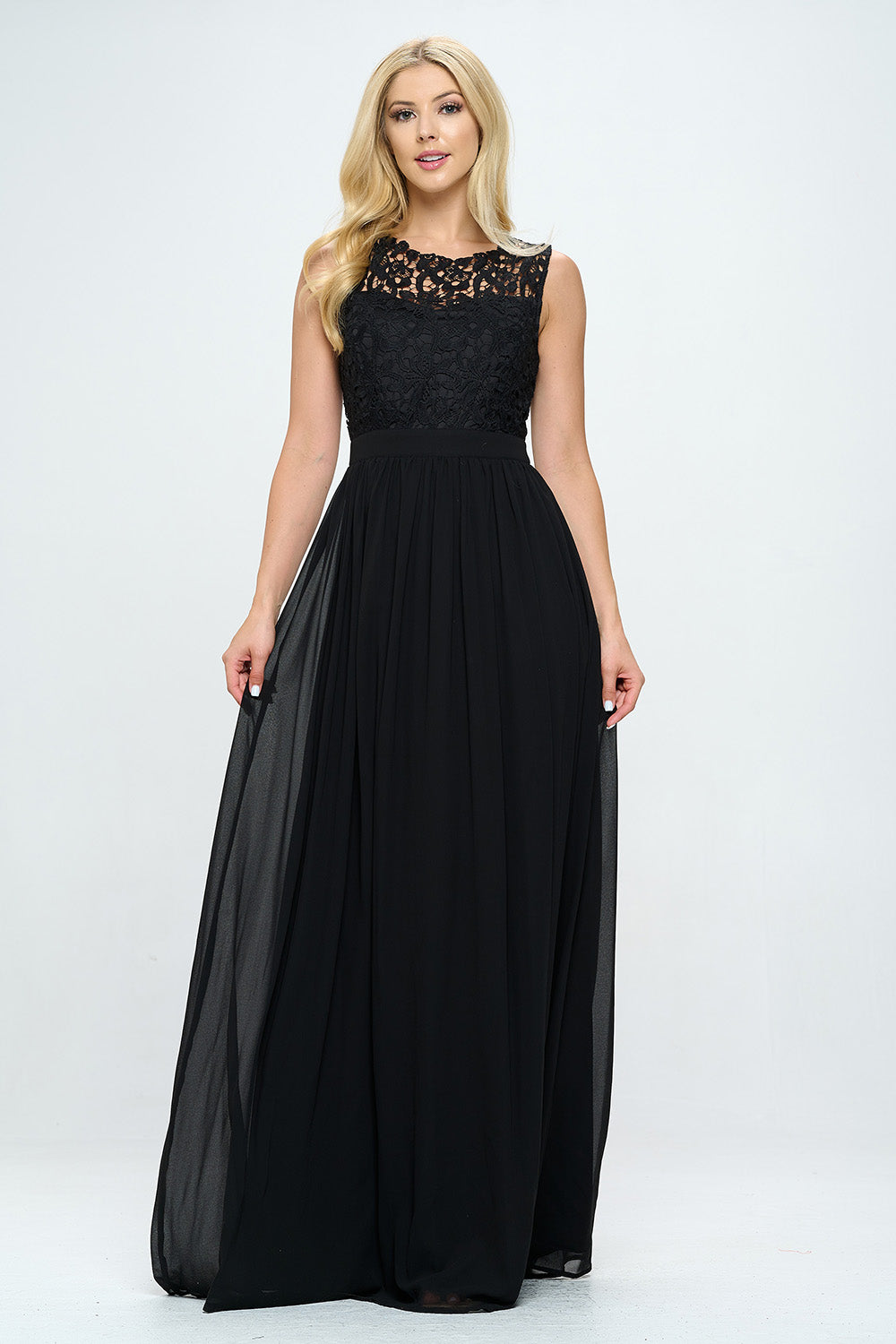 EMBROIDERED LACE FLOOR LENGTH SHEER MAXI DRESS