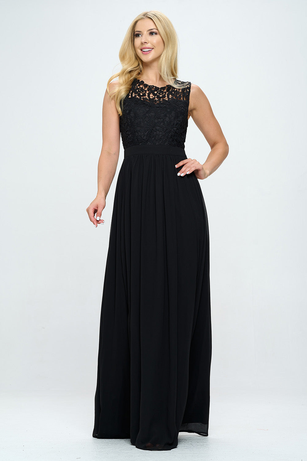 EMBROIDERED LACE FLOOR LENGTH SHEER MAXI DRESS