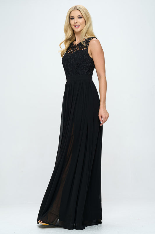 EMBROIDERED LACE FLOOR LENGTH SHEER MAXI DRESS