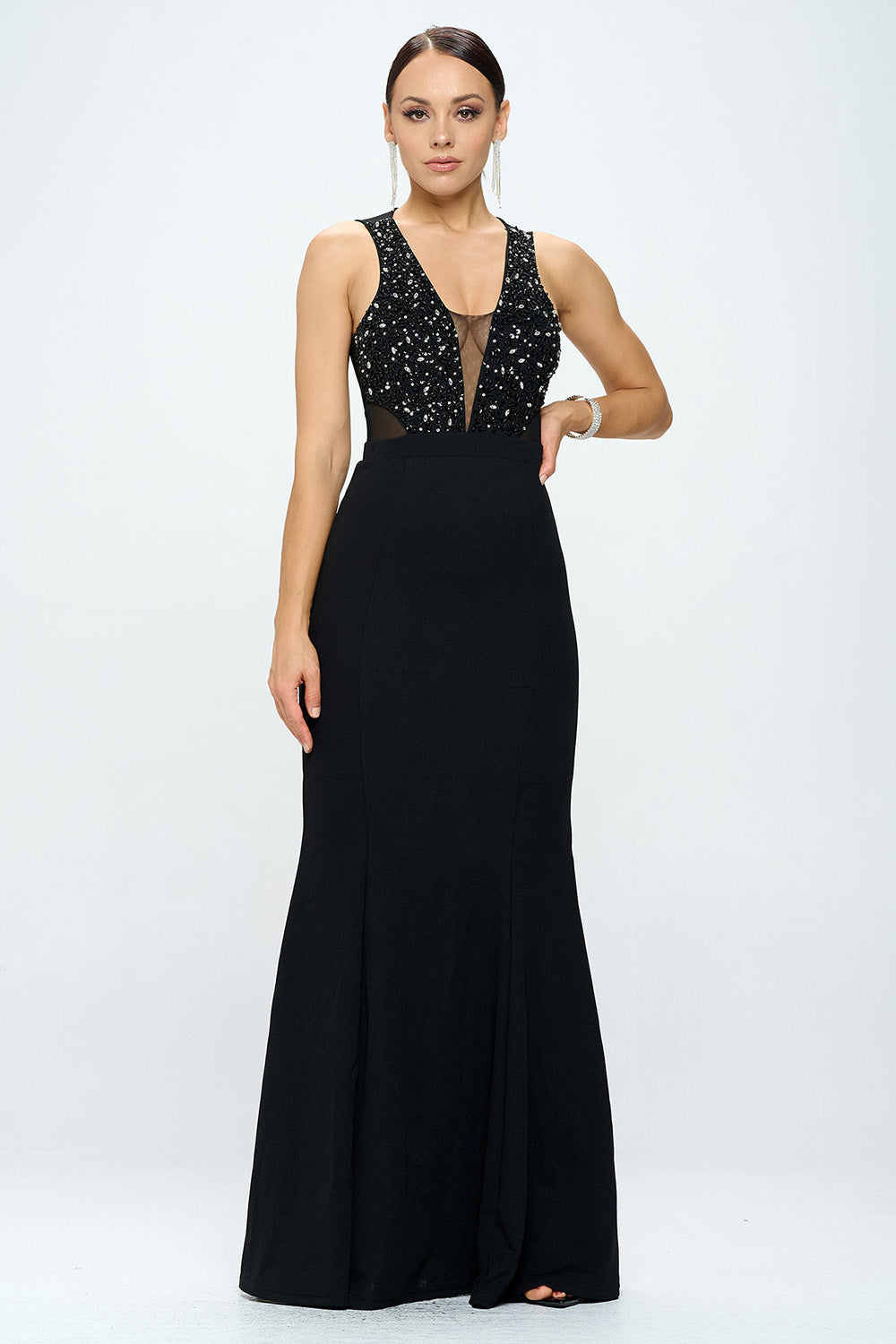 DEEP V NECK RHINESTONED FLOOR LENGTH MAXI DRESS