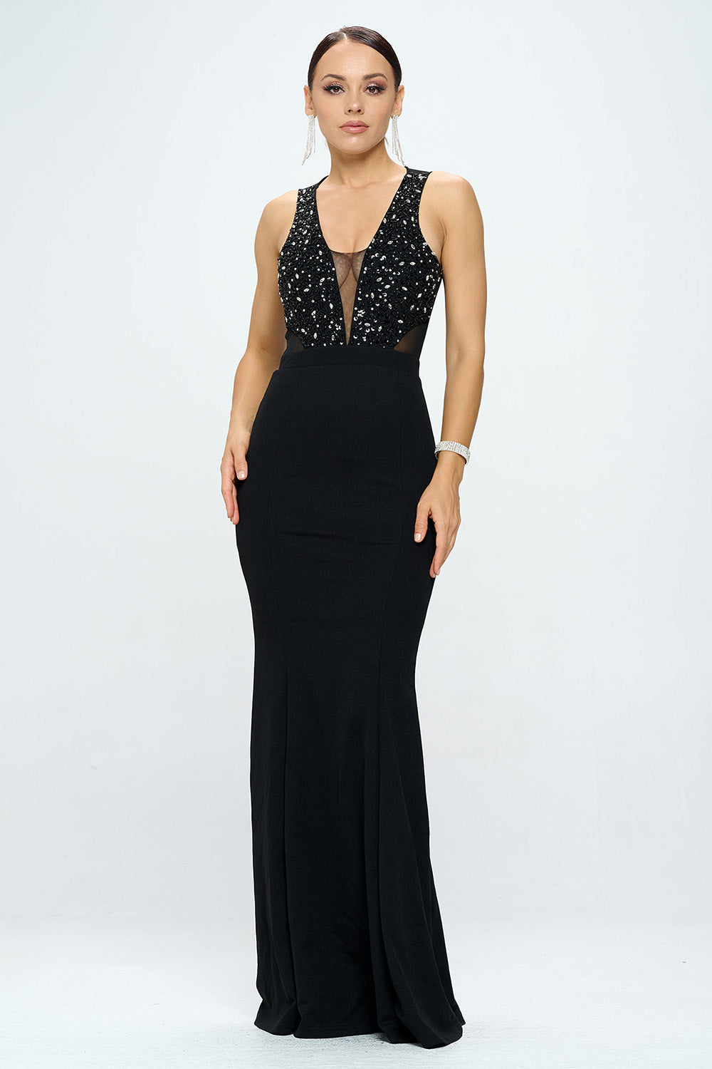 DEEP V NECK RHINESTONED FLOOR LENGTH MAXI DRESS