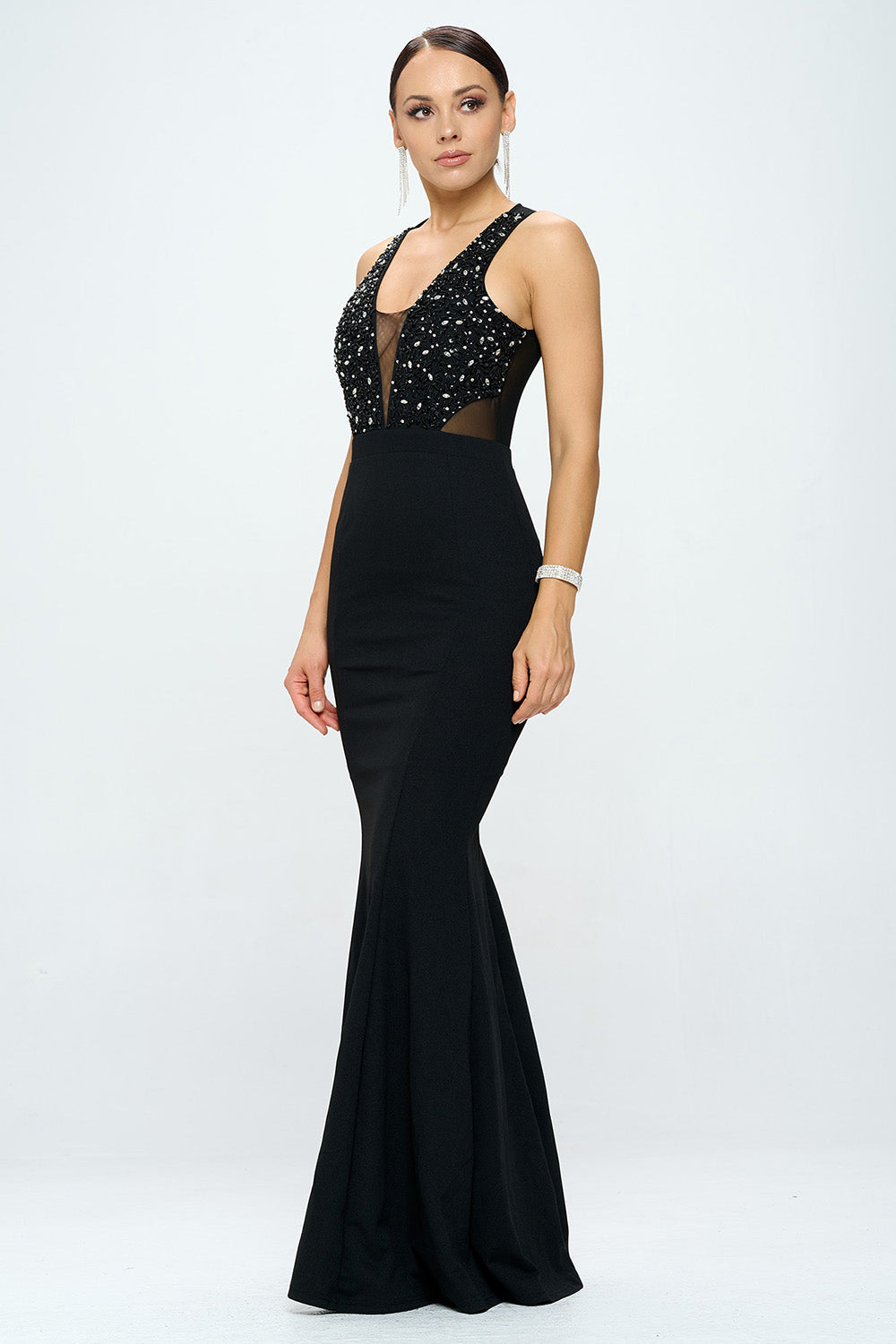 DEEP V NECK RHINESTONED FLOOR LENGTH MAXI DRESS