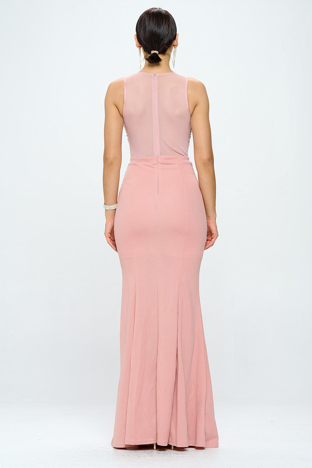 DEEP V NECK RHINESTONED FLOOR LENGTH MAXI DRESS