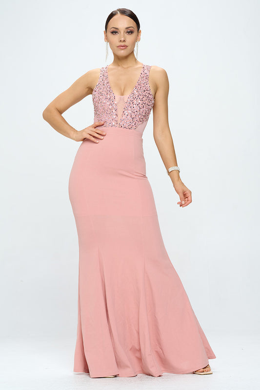 DEEP V NECK RHINESTONED FLOOR LENGTH MAXI DRESS