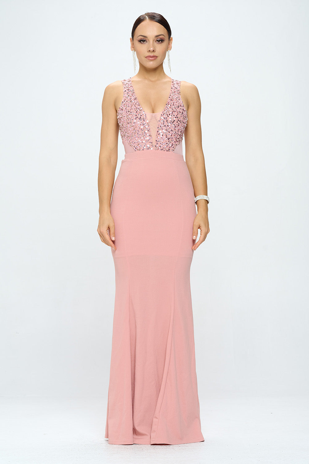 DEEP V NECK RHINESTONED FLOOR LENGTH MAXI DRESS