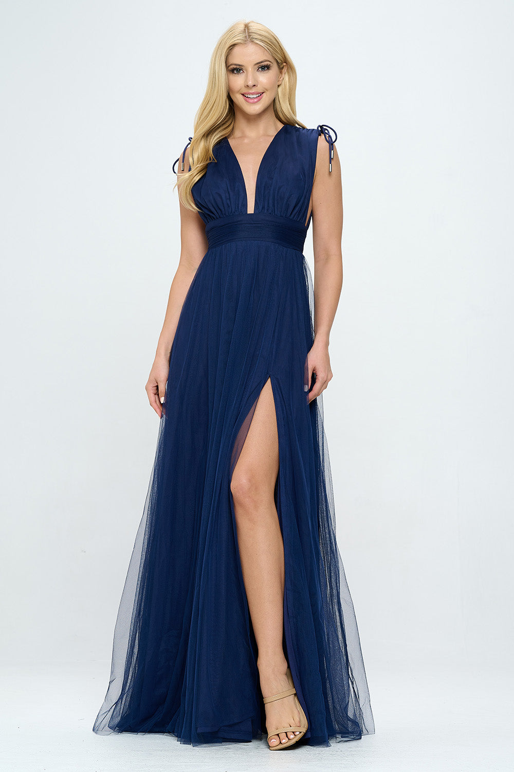 PLUNGING NECKLINE LAYERED TULLE MAXI DRESS