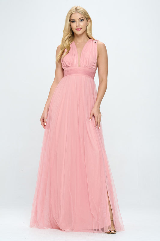 PLUNGING NECKLINE LAYERED TULLE MAXI DRESS