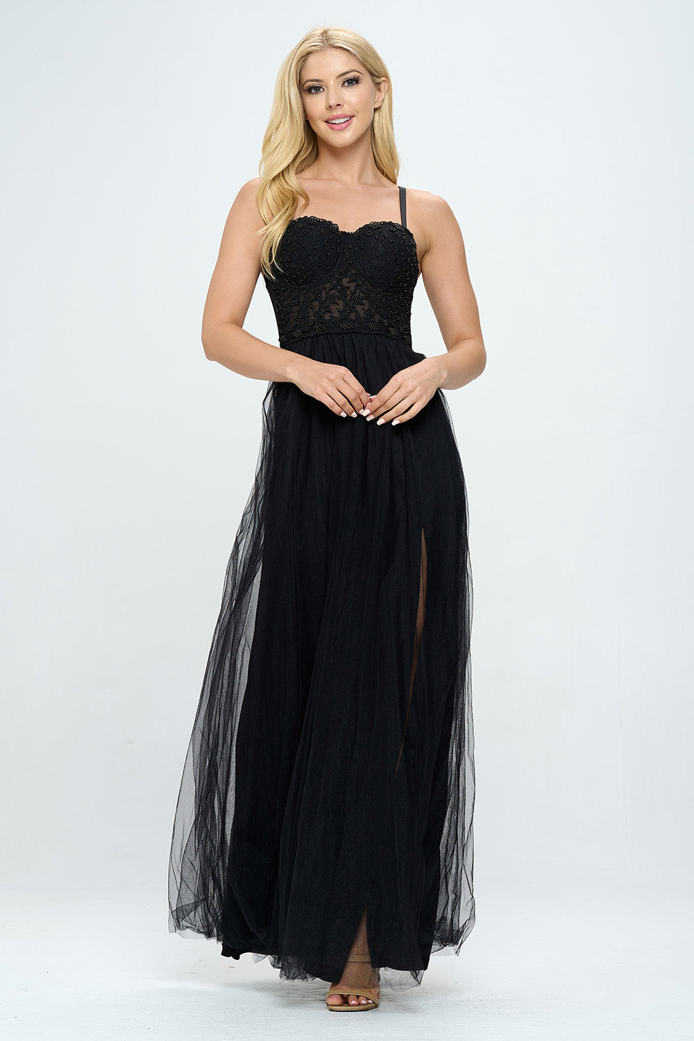 FLOWER BEADING BUSTIER LAYERED TULLE MAXI DRESS