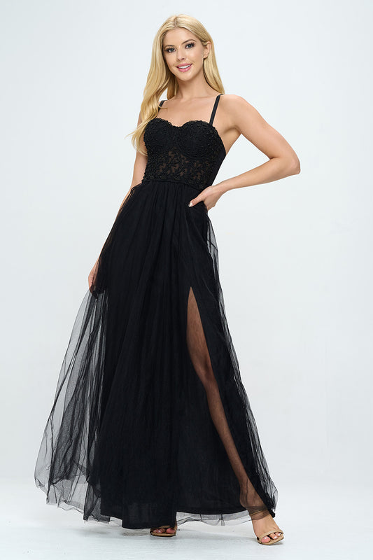 FLOWER BEADING BUSTIER LAYERED TULLE MAXI DRESS