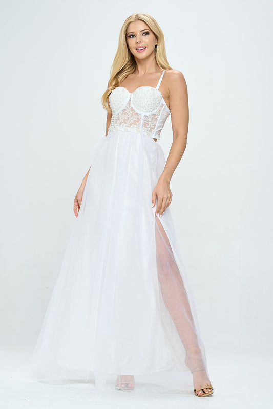 FLOWER BEADING BUSTIER LAYERED TULLE MAXI DRESS