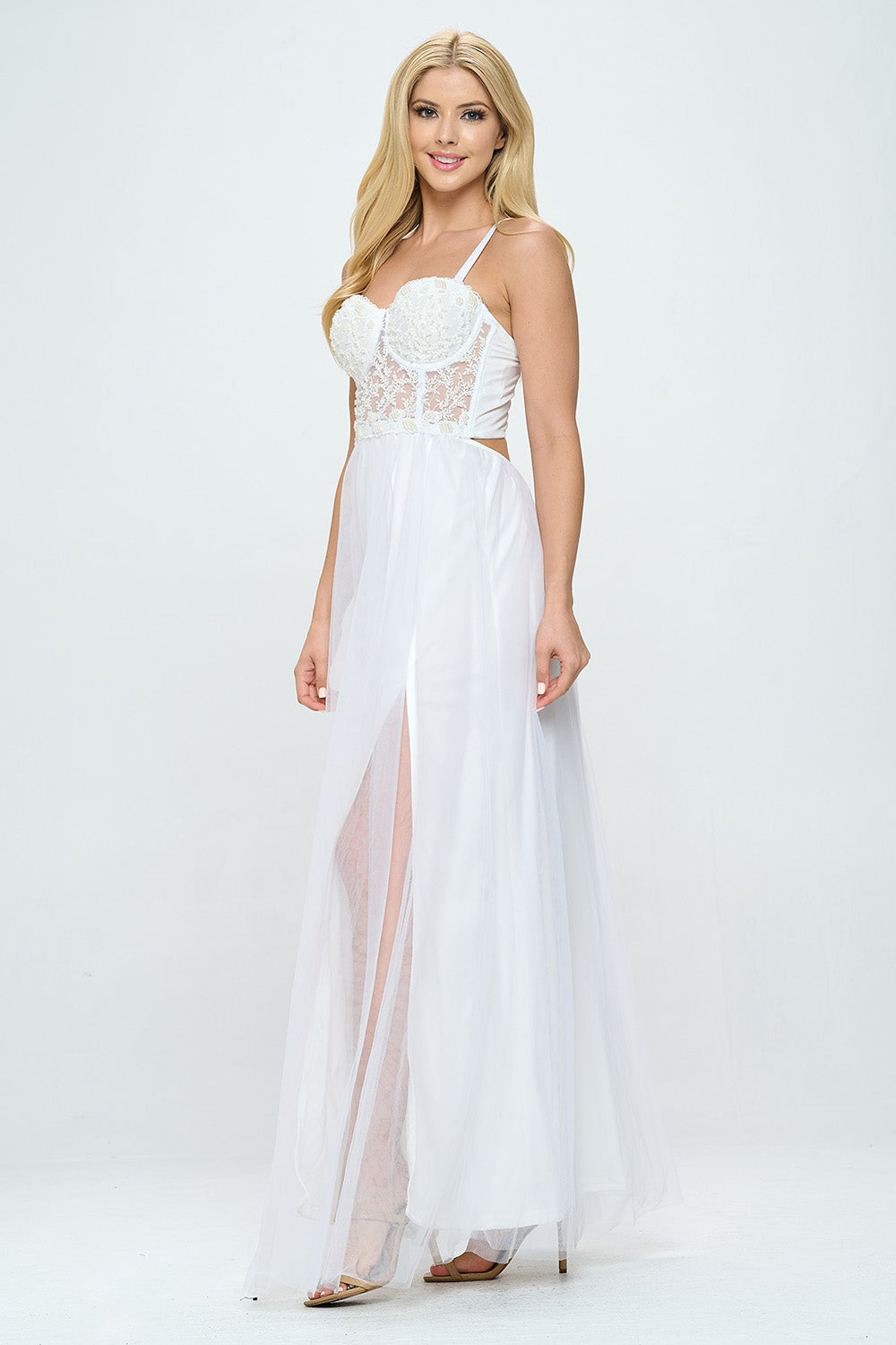 FLOWER BEADING BUSTIER LAYERED TULLE MAXI DRESS