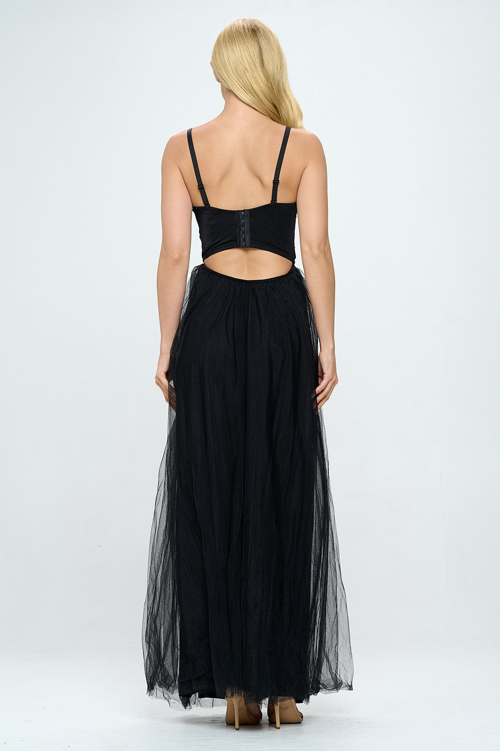 RHINESTONE BUSTIER LAYERED TULLE MAXI DRESS