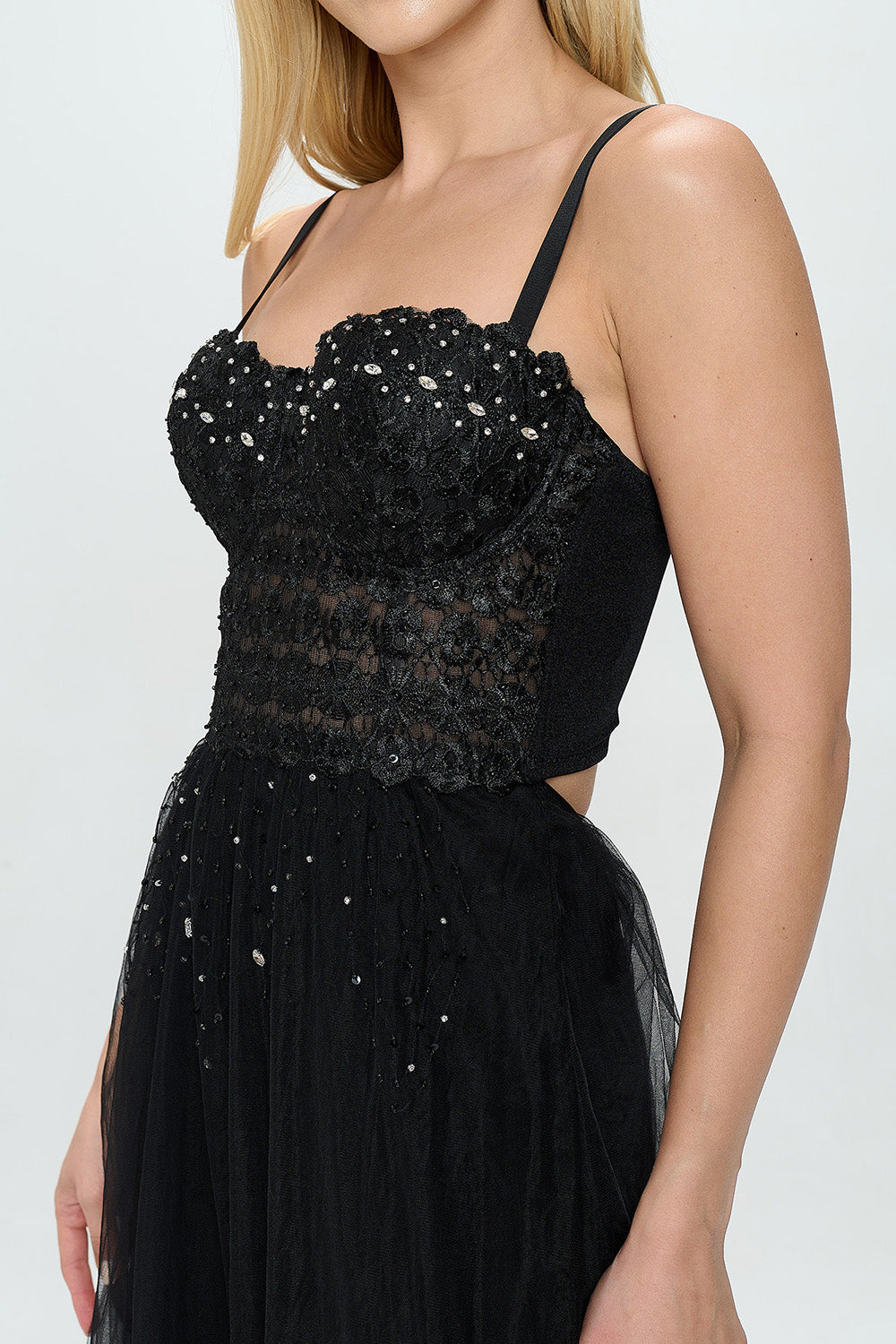 RHINESTONE BUSTIER LAYERED TULLE MAXI DRESS