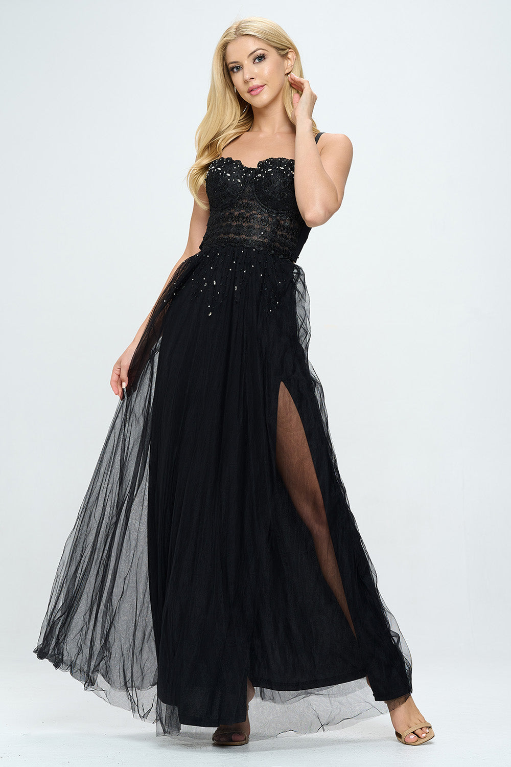 RHINESTONE BUSTIER LAYERED TULLE MAXI DRESS