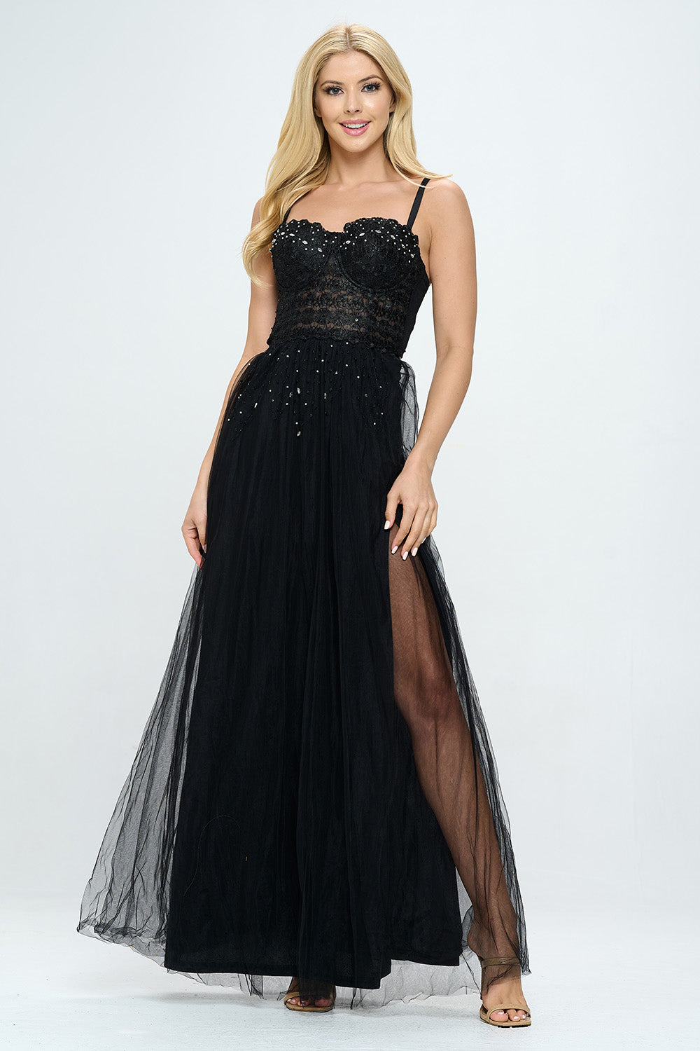 RHINESTONE BUSTIER LAYERED TULLE MAXI DRESS