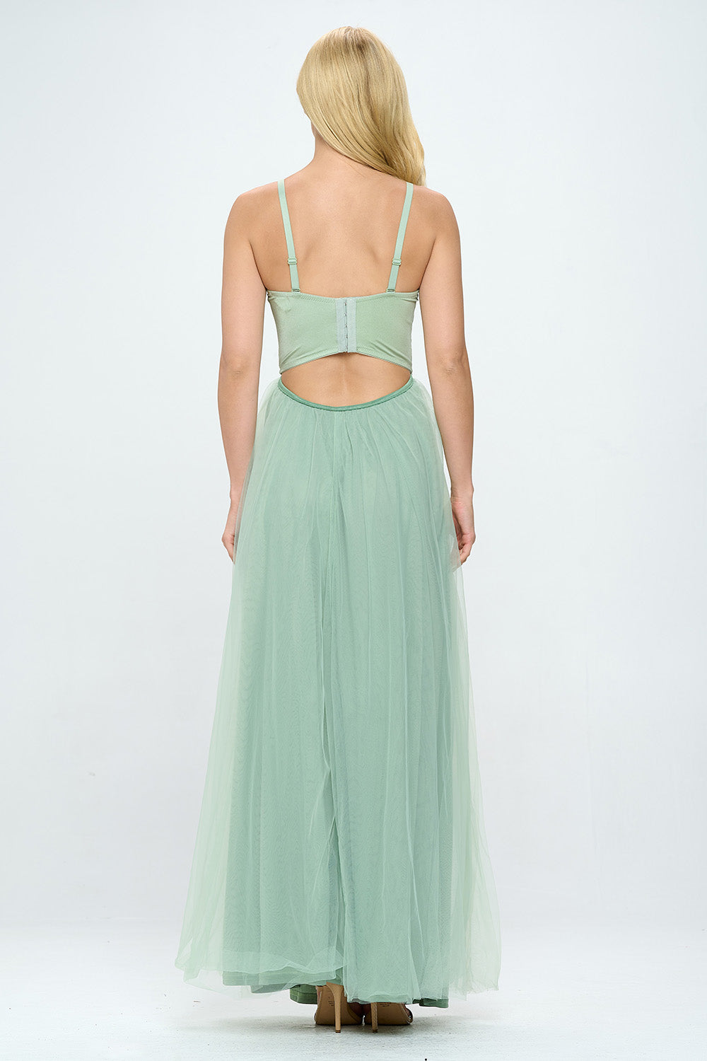 RHINESTONE BUSTIER LAYERED TULLE MAXI DRESS