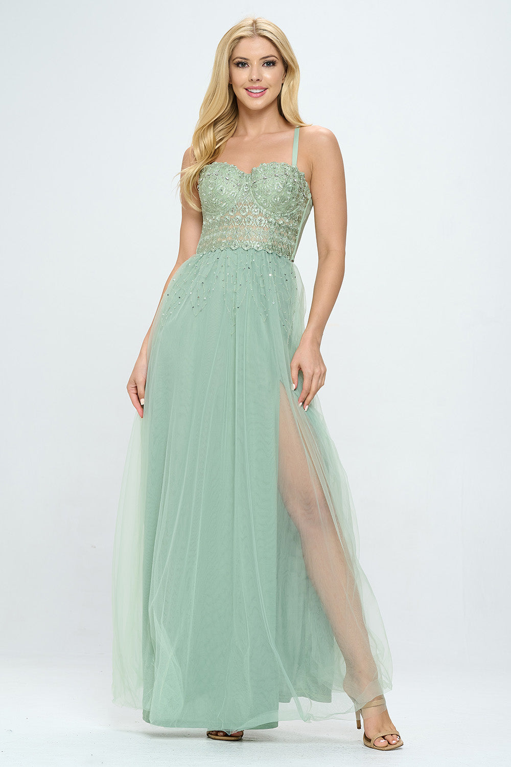 RHINESTONE BUSTIER LAYERED TULLE MAXI DRESS