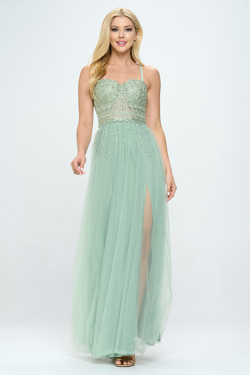 RHINESTONE BUSTIER LAYERED TULLE MAXI DRESS