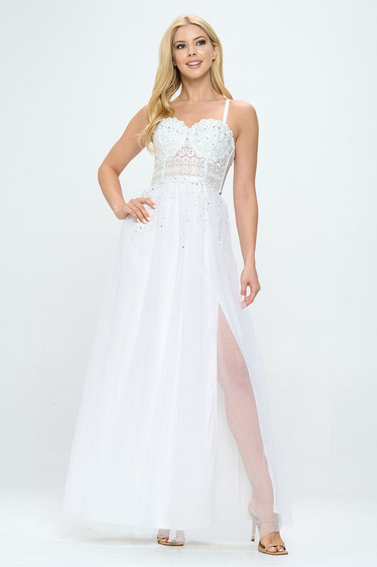 RHINESTONE BUSTIER LAYERED TULLE MAXI DRESS