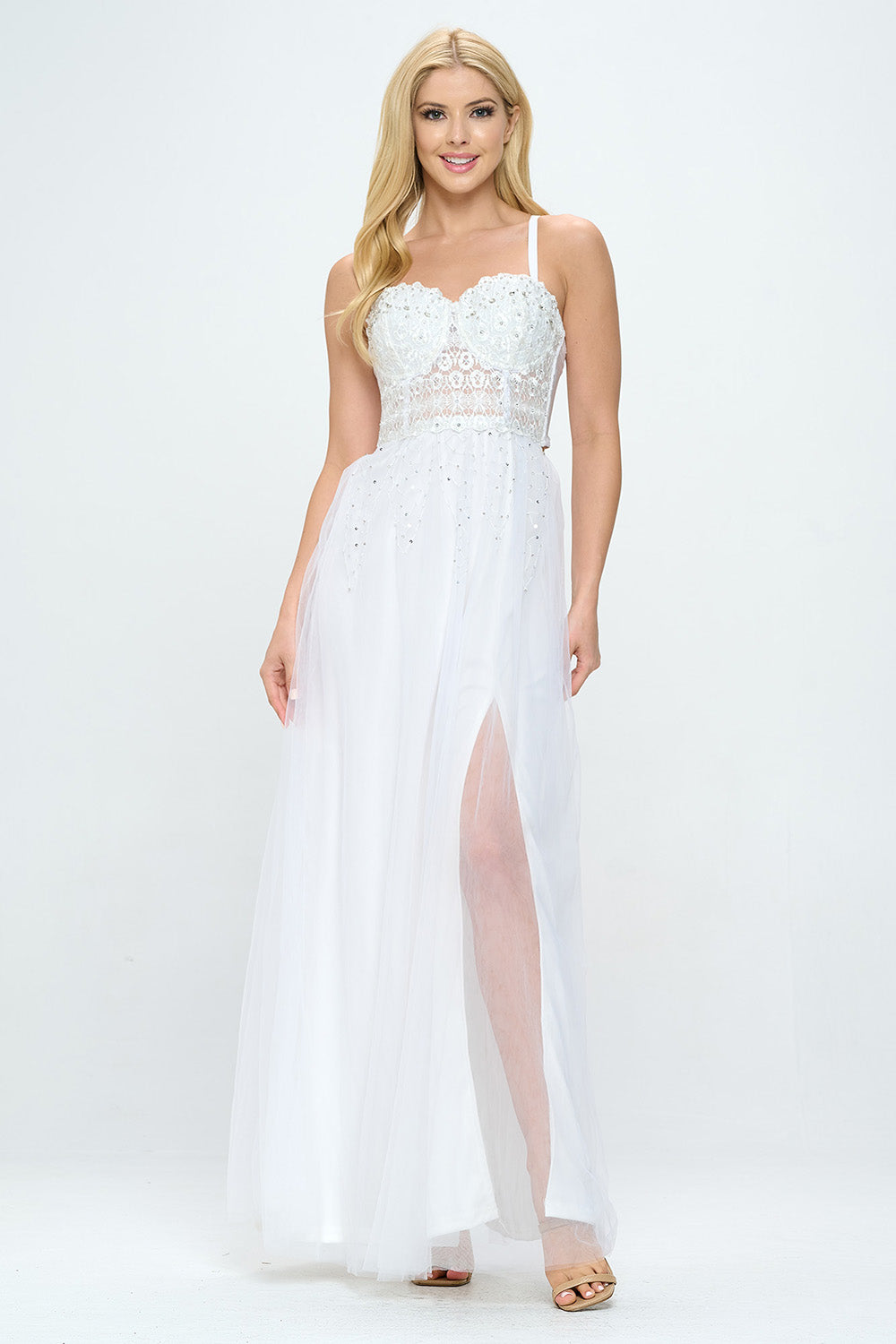 RHINESTONE BUSTIER LAYERED TULLE MAXI DRESS