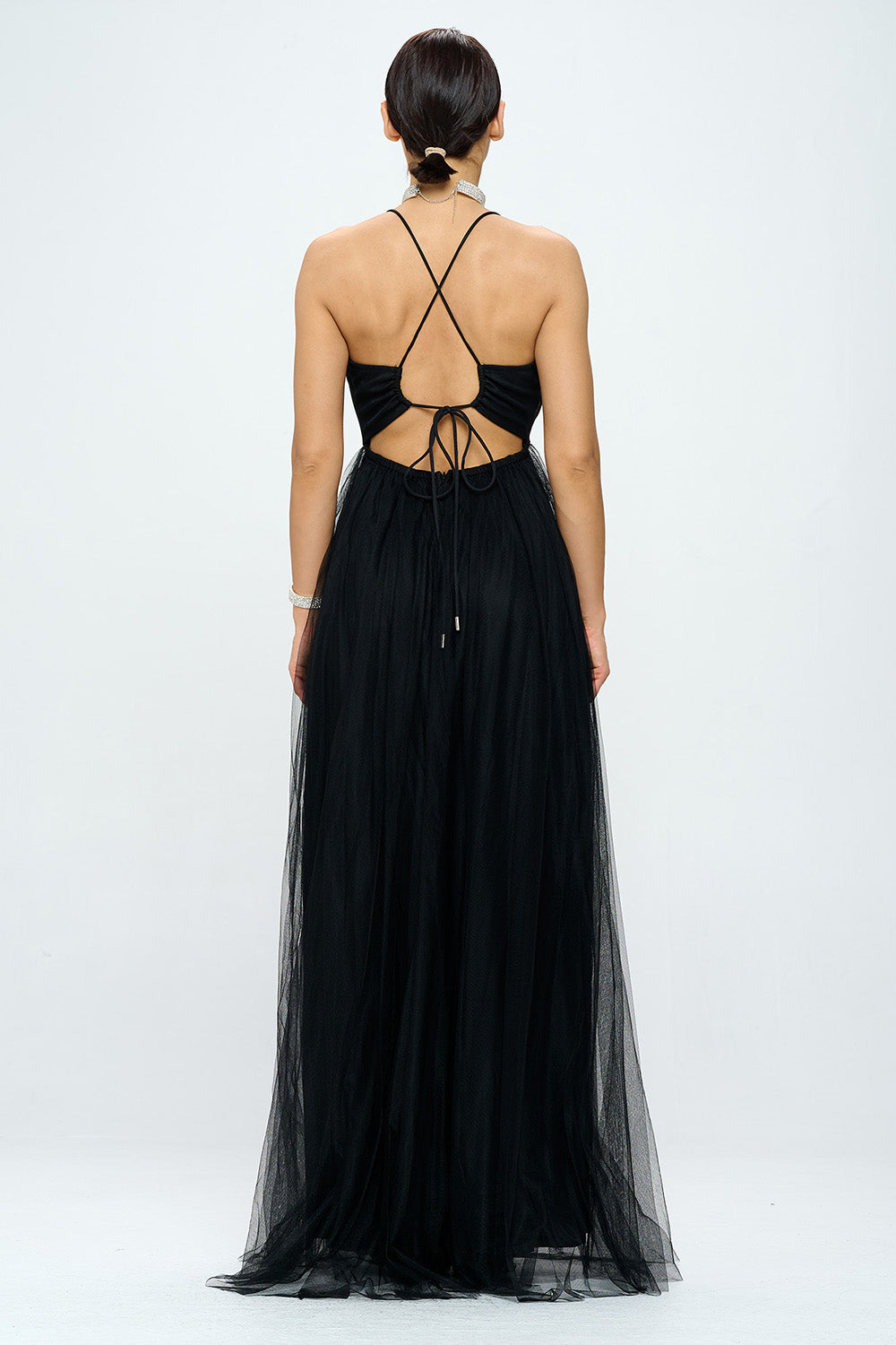 CRISS CROSS BACK LAYERED TULLE WRAP MAXI DRESS