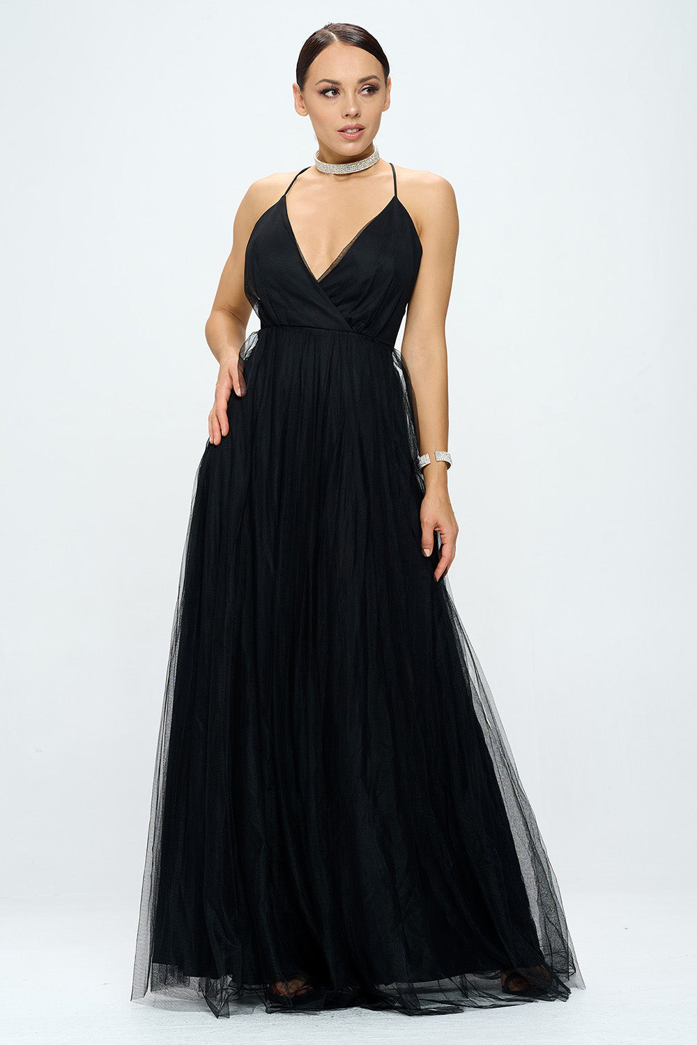 CRISS CROSS BACK LAYERED TULLE WRAP MAXI DRESS