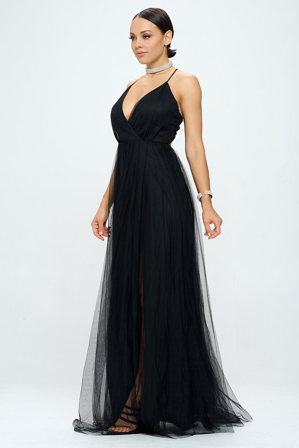 CRISS CROSS BACK LAYERED TULLE WRAP MAXI DRESS