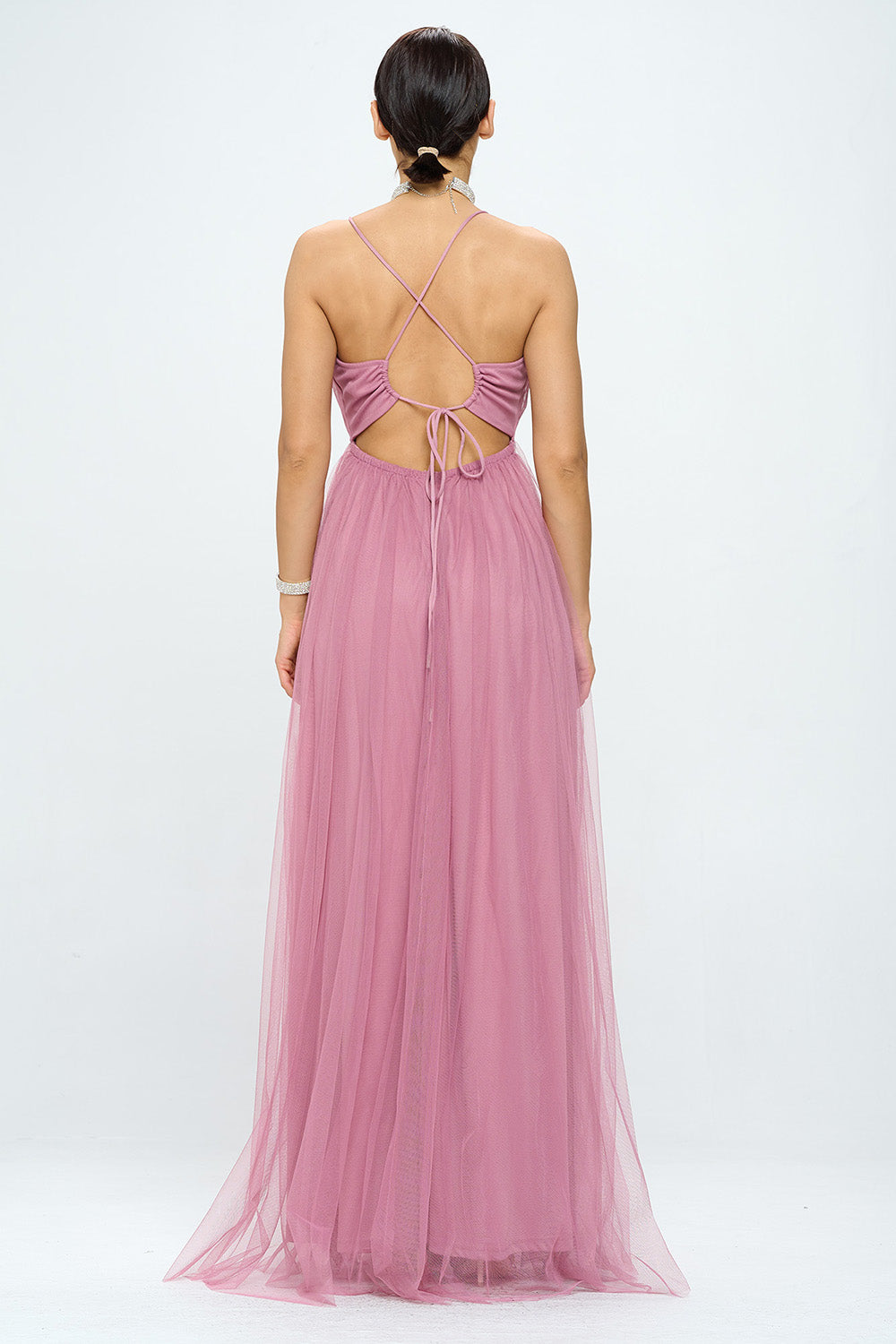 CRISS CROSS BACK LAYERED TULLE WRAP MAXI DRESS