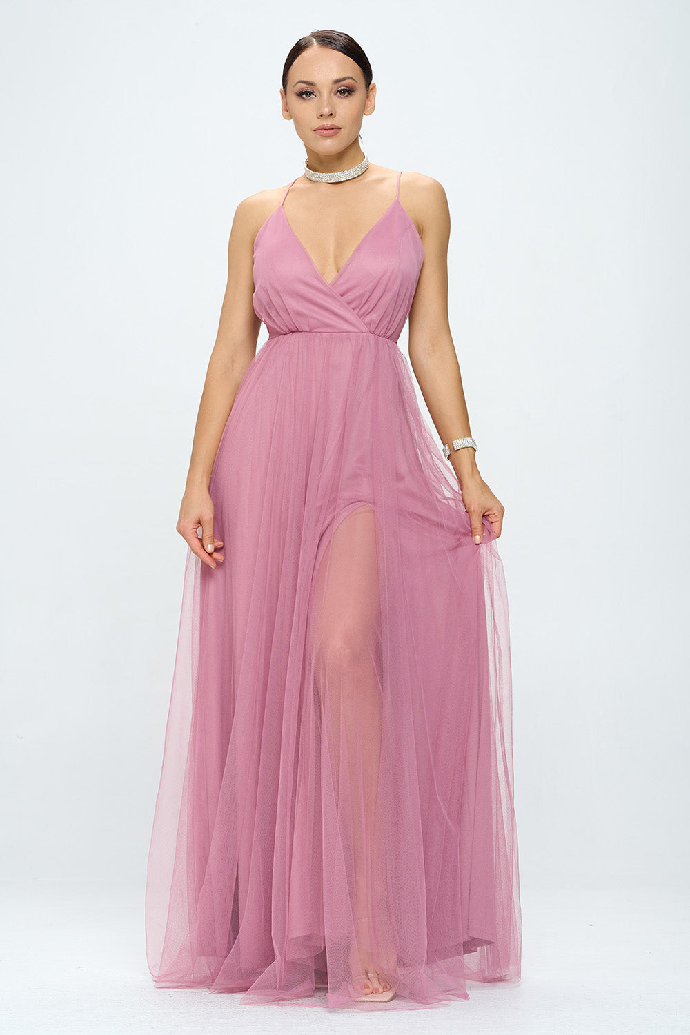 CRISS CROSS BACK LAYERED TULLE WRAP MAXI DRESS