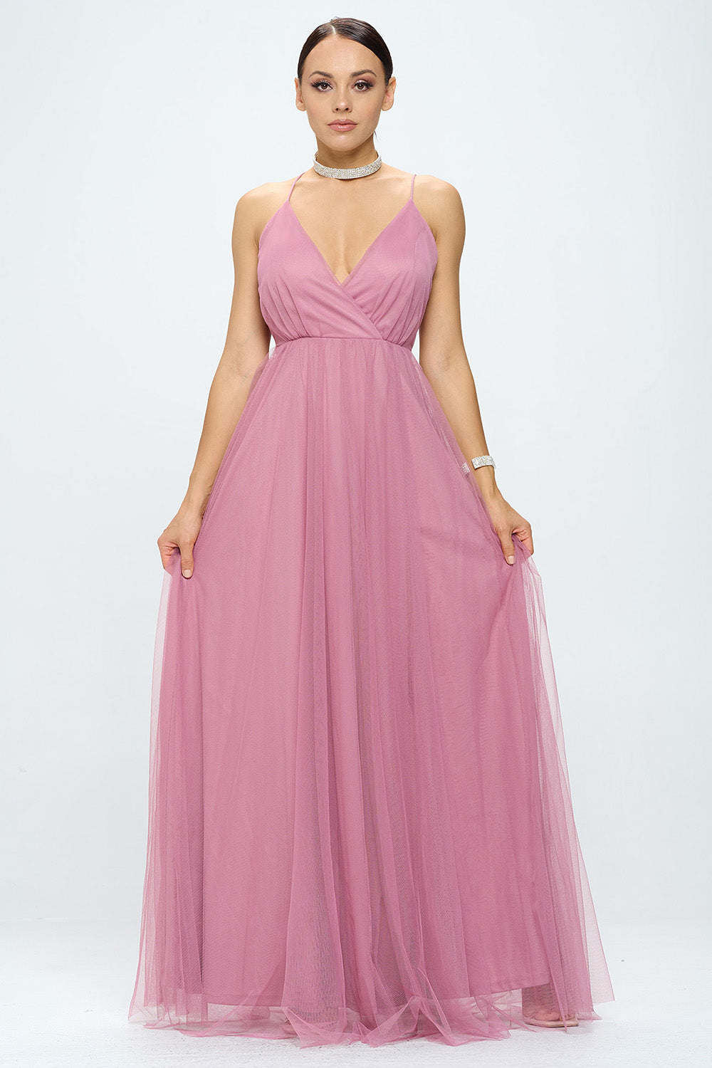 CRISS CROSS BACK LAYERED TULLE WRAP MAXI DRESS