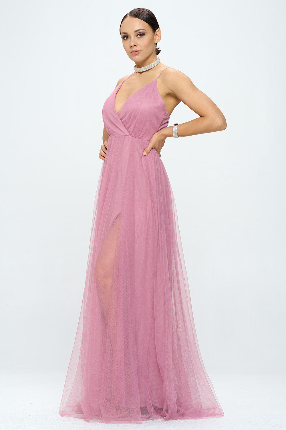 CRISS CROSS BACK LAYERED TULLE WRAP MAXI DRESS