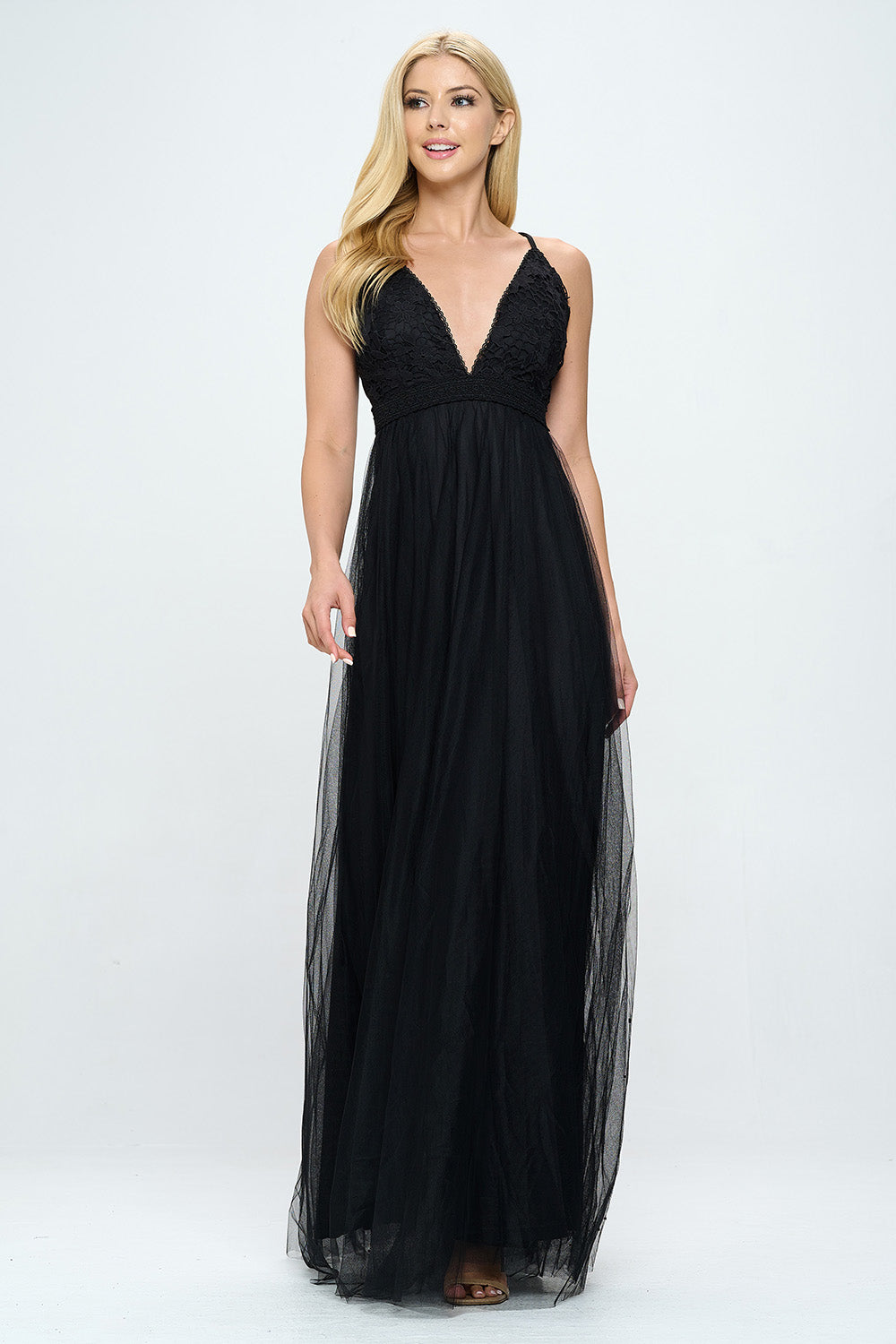 EMBROIDERED FLOWER LACE LAYERED TULLE MAXI DRESS