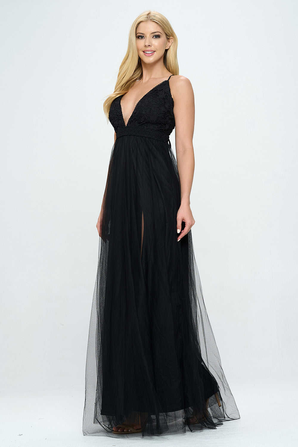 EMBROIDERED FLOWER LACE LAYERED TULLE MAXI DRESS