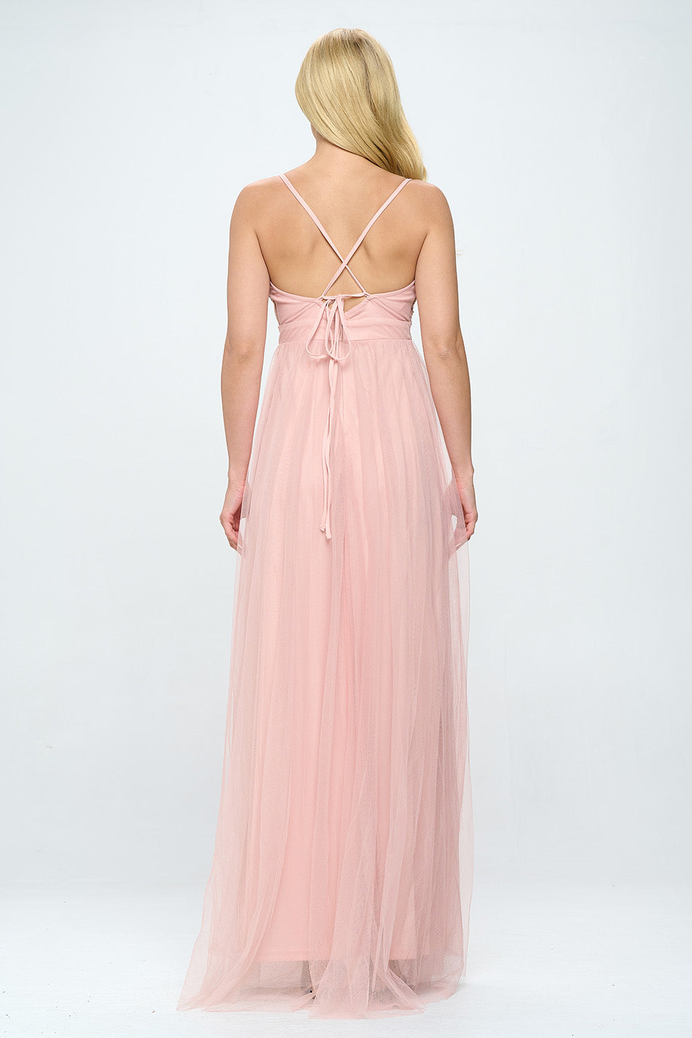 EMBROIDERED FLOWER LACE LAYERED TULLE MAXI DRESS