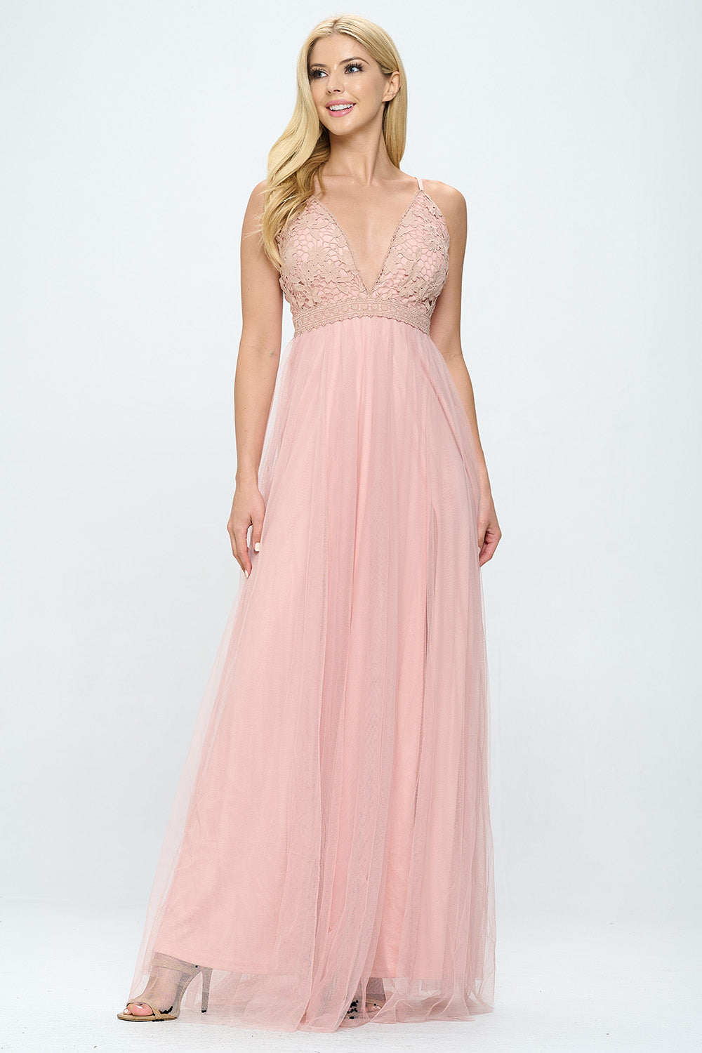 EMBROIDERED FLOWER LACE LAYERED TULLE MAXI DRESS