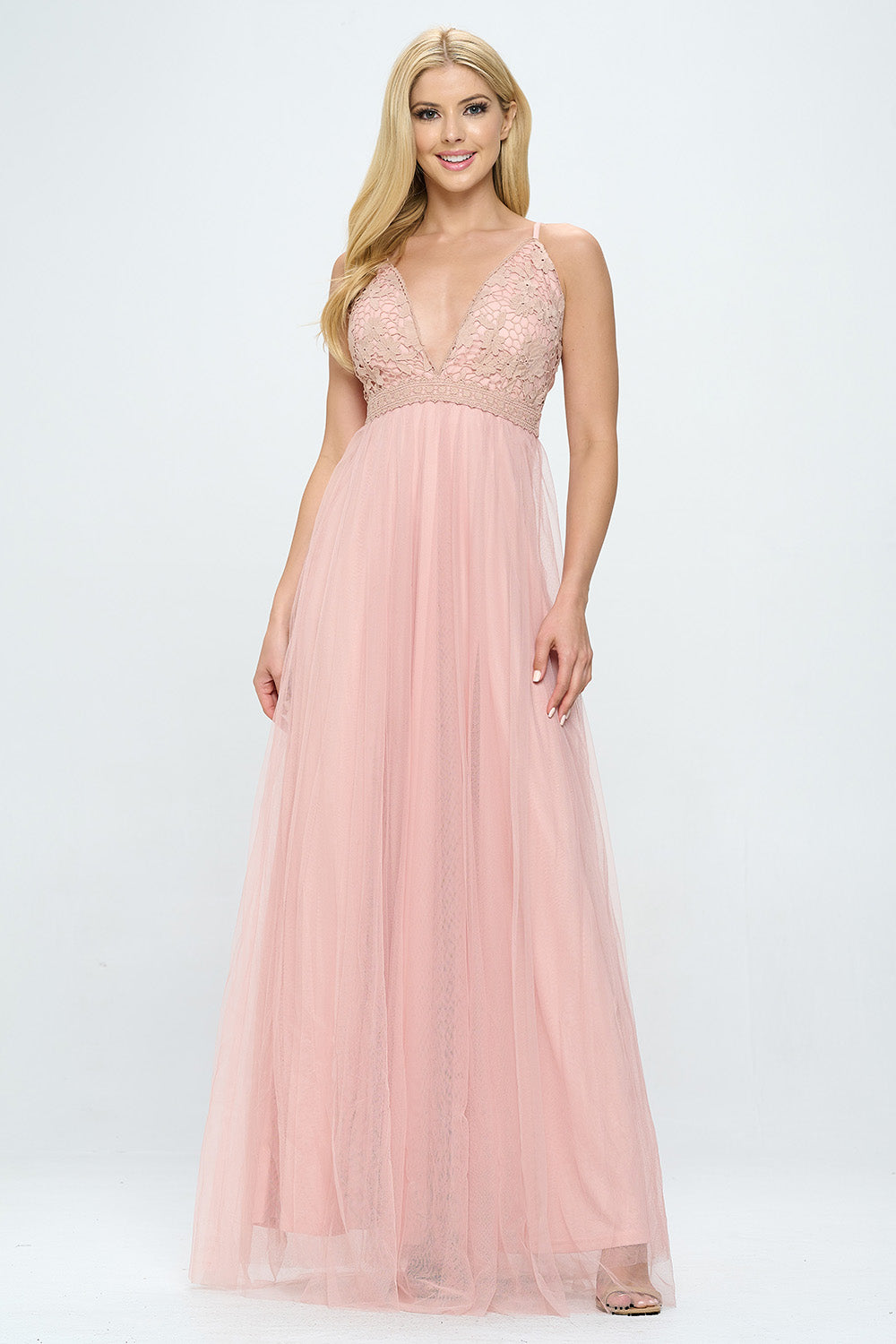 EMBROIDERED FLOWER LACE LAYERED TULLE MAXI DRESS