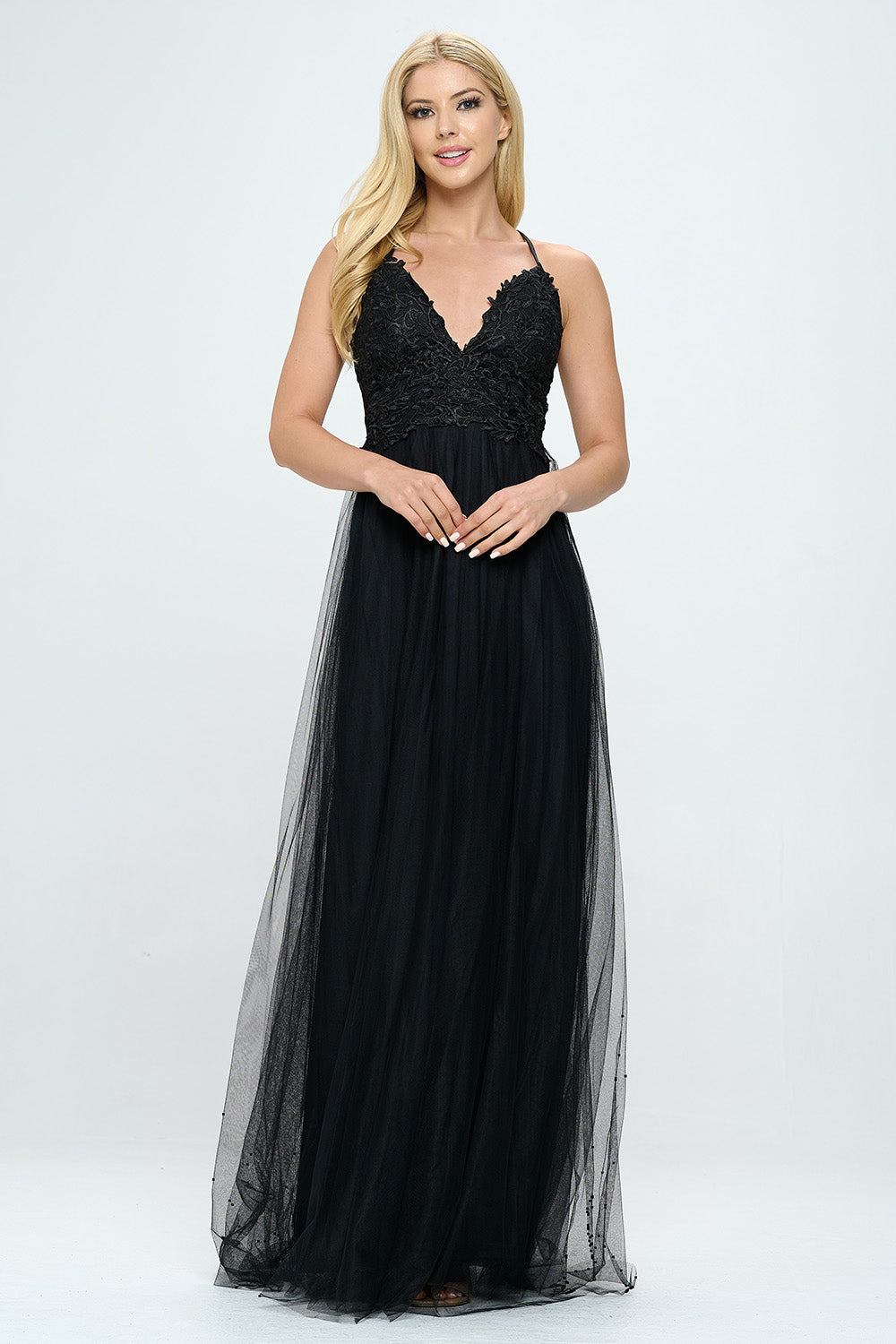 EMBROIDERED LACE DETAIL LAYERED TULLE MAXI DRESS