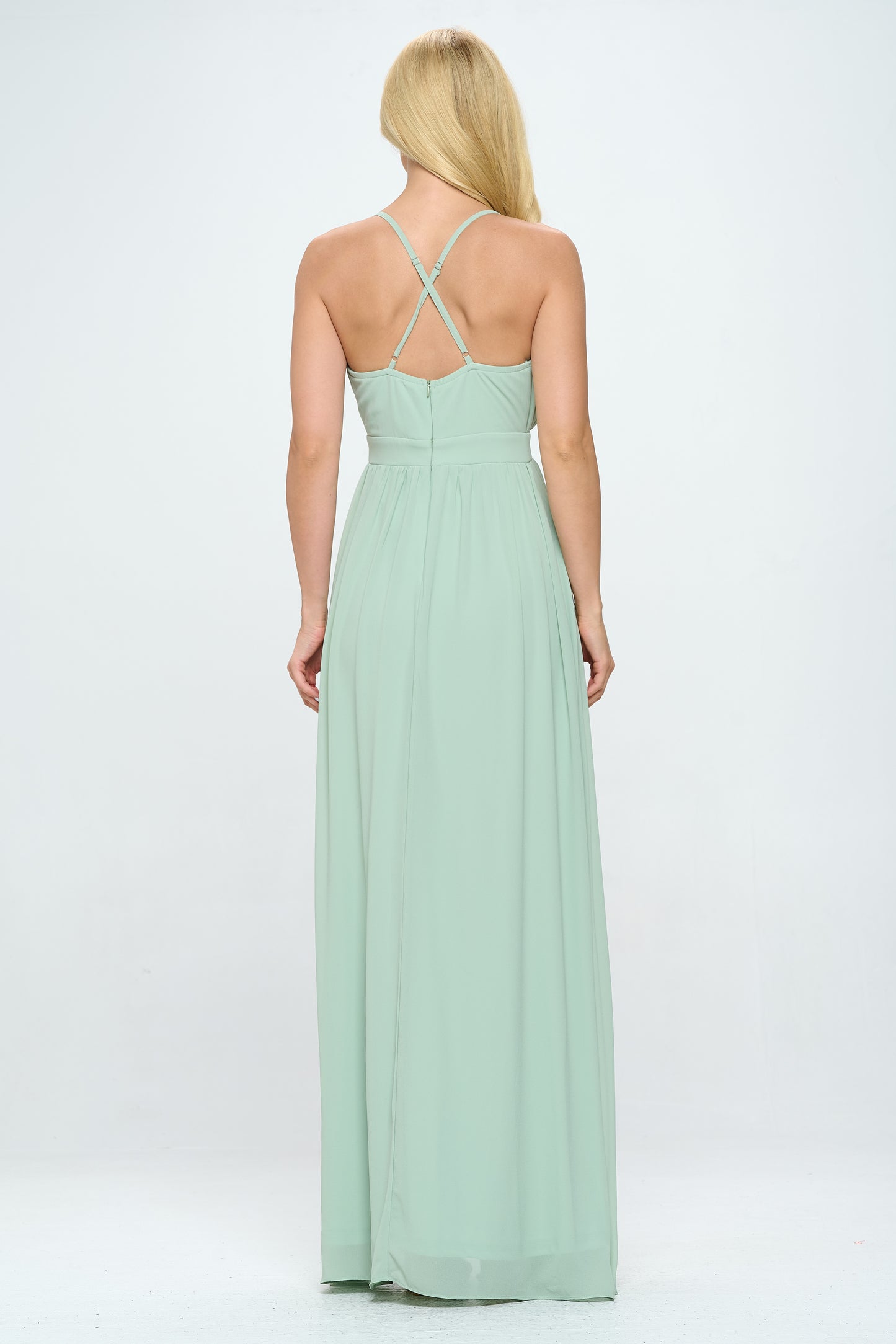 PLEATED CHIFFON PLUNGING V NECKLINE MAXI DRESS